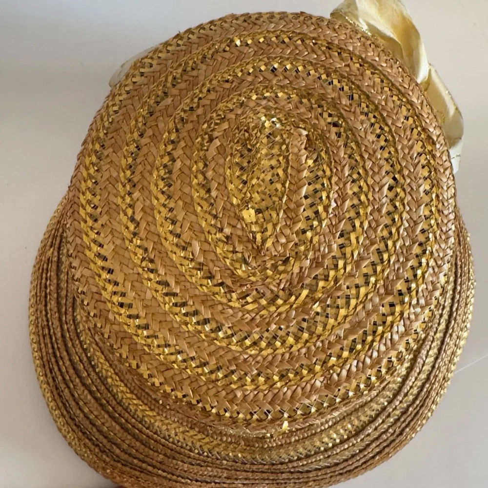 Eric Javits Gold Metallic Straw Bow Cloche Bucket Hat - Picture 3 of 8